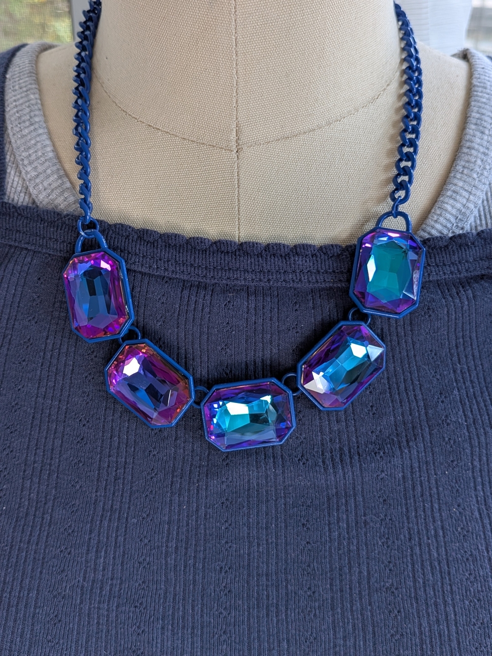 Cobalt Blue Iridescent Crystal Gem Statement Necklace Dangle Earrings Set